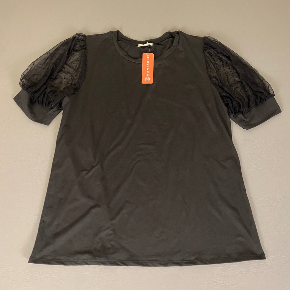Les Amis Dressy Knit Top Women's Plus Size 1X Black Mesh Sleeve New‎ NWT